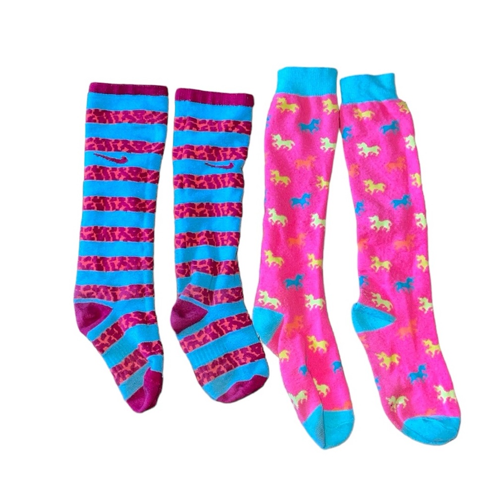 •NIKE•BUNDLE OF 2-GIRLS NIKE STRIPED & COLORFUL UNICORN TALL SOCKS SIZE(8-3) EUC